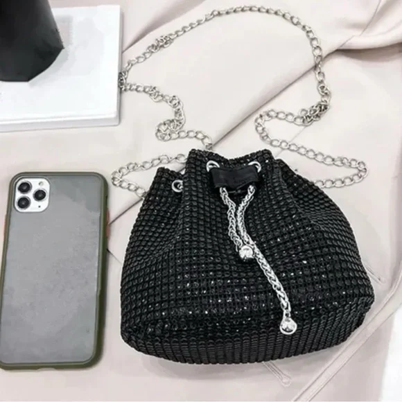 Black Rhinestone Drawstring Bag with Silver Chain - Picture 5 of 5